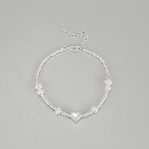 S925 Sterling Silver Freshwater Pearl Heart Bracelet For Women Niche Design Elegant Minimalist Silver Bead Link Chain Jewelry Accessory