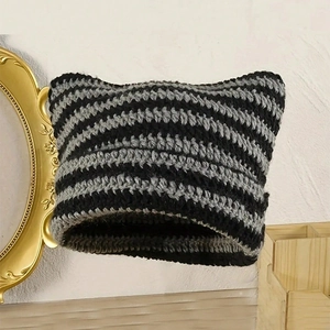 Winter striped knitted cat ear beanie hat with black and grey crochet handmade texture