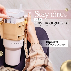 Adjustable beige leather carrier for 40oz tumblers featuring an integrated ID card pocket