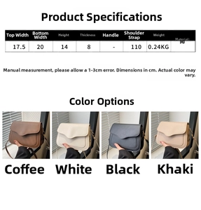 Detailed size chart for the minimalist PU leather shoulder bag with dimensions and colors