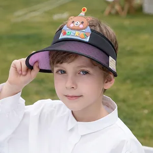 Kids UV protection sun hat with cute cartoon bear and purple breathable mesh brim