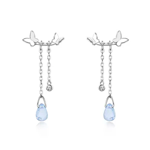 S999 Sterling Silver Butterfly Tassel Drop Earrings For Women Light Blue Moonstone Asymmetrical Dangle Jewelry Gift