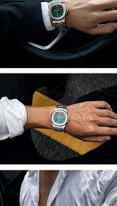 Men's square quartz watch with silver steel strap and green dial shown in use