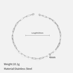 Detail showing 420mm silver stainless steel paperclip chain necklace with specifications