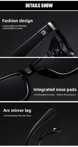 Detail view of integrated nose pads and ergonomic temple tips of black sunglasses