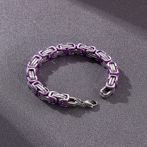 Detail of purple and silver 8mm Byzantine chain link necklace with lobster clasp