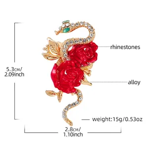 Elegant red rose and snake brooch with rhinestones, 2025 Lunar New Year gift, 5.3x2.8cm