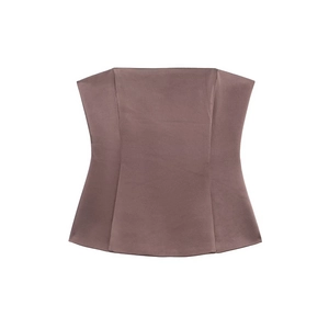 Elegant satin tube top in mauve brown with slim fit corset-style seams on white background