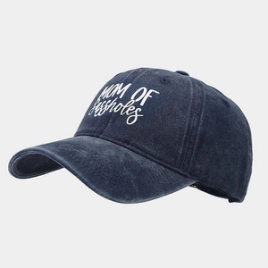Detail view of Mom of SASSholes embroidery on washed cotton navy baseball cap