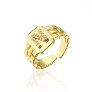 Detail of letter N ring with 18K gold plating and AAA cubic zirconia stones
