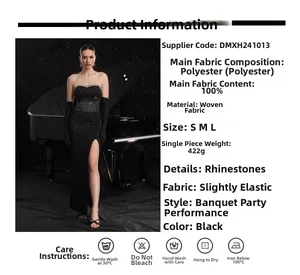 Detailed fabric composition and size guide for sleeveless rhinestone evening gown