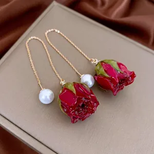 French vintage red rose earrings with white pearls and gold long tassel chains