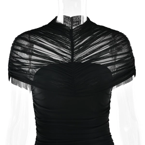 Detail of sheer black mesh cropped shrug with delicate translucent fabric texture