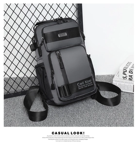 Detail of grey waterproof cross-body bag with multiple zippers and mesh side pocket