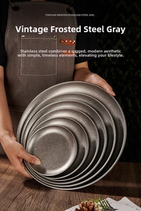 Detail of vintage 304 stainless steel plates with distressed snowflake grey frosted finish