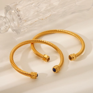 Twisted Cable Cuff Bracelet Stainless Steel Gold Plated Vintage Open Adjustable Gemstone Inlay Fashion Jewelry For Women