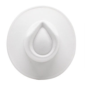 Detailed top view of a white wide-brim felt fedora hat showing fine stitching on the brim