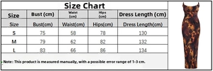 Size chart detail for printed slim fit sling dress showing S, M, and L measurements