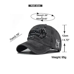 Size chart showing adjustable 54-60cm circumference for washed cotton 3D embroidery baseball cap
