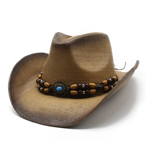 Western Cowboy Straw Hat With Ethnic Beaded Band And Faux Turquoise Sunscreen Rolled Brim Retro Outdoor Travel