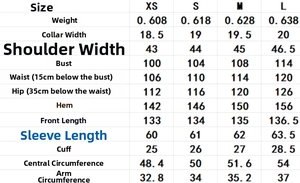 Detailed size chart for long minimalist linen-style trench coat including XS to L measurements