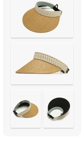 Detail of adjustable strap and striped ribbon on straw sun visor with coolknit label