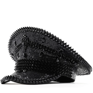 Captain Hat Black Sequin Spiky Rhinestone Military Hat For Party Festival Stage Performance Punk Gothic Flat Top Cap