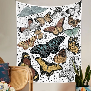 Detail of bohemian butterfly tapestry with hand-drawn illustrations on a white background