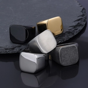 Square stainless steel signet rings for men in black, gold, and silver finishes
