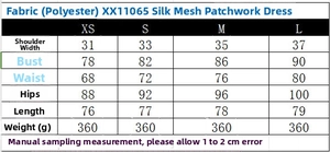 Detailed size guide table for mesh patchwork sleeveless slim dress with measurements