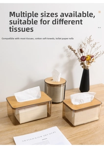 Minimalist translucent grey tissue box with bamboo lid in a warm home setting
