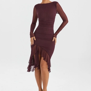 Elegant wine red mesh dress with ruched long sleeves and ruffled asymmetric hemline