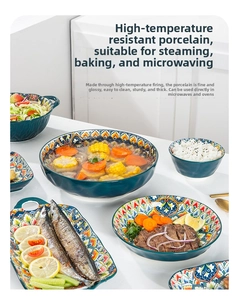 Detail of bohemian ceramic tableware set with colorful mandala patterns for dining