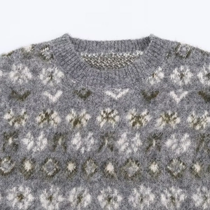 Chic crewneck jacquard knit sweater with gray snowflake patterns and brushed mohair texture