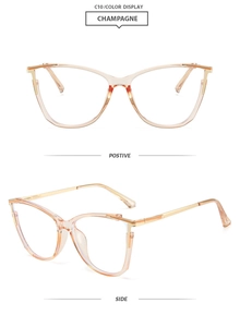 Front and side views of champagne TR90 cat-eye glasses with gold metal temples