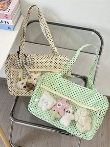 Polka dot canvas ita bag with transparent PVC window in cream and mint colors