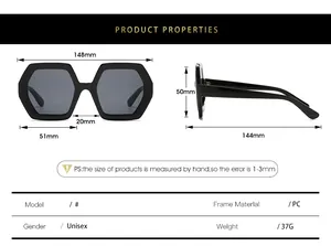 Size chart showing dimensions of stylish large polygon sunglasses with PC frame