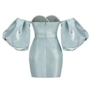 Detail of off-shoulder satin mini dress featuring lantern sleeves and back hidden zipper