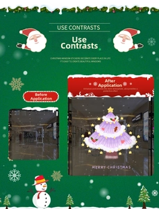 Détail de l'effet avant et après des autocollants de fenêtre sapin de Noël rose