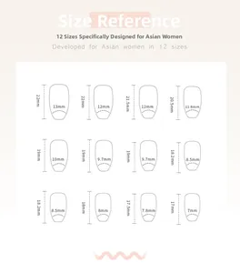 Guide des tailles montrant 12 dimensions pour faux ongles avec largeur et longueur mm