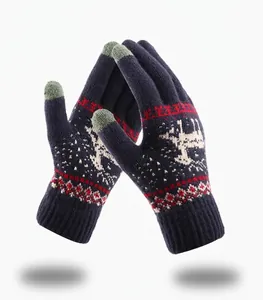 Navy blue winter knitted touchscreen gloves featuring reindeer and snowflake patterns