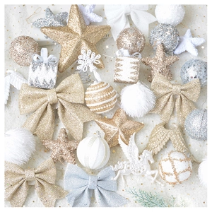 Detailed set of champagne gold Christmas ornaments with glitter foam balls and stars