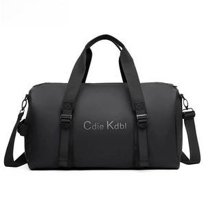 Close-up of waterproof black messenger bag featuring adjustable strap and logo detail