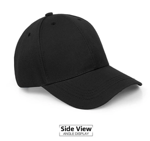 Detail view of the black cotton twill baseball cap showing side profile and stitching