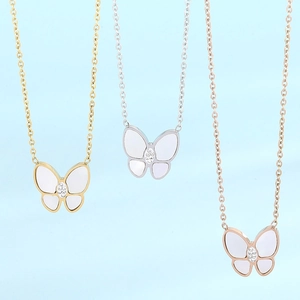 Butterfly Pendant Necklace Stainless Steel Mother Of Artificial Pearl Rhinestone Elegant Clavicle Chain Jewelry For Women