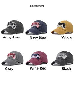 Detailed grid showing six colors of washed vintage baseball caps with Ames embroidery