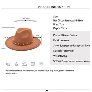 Classic wool felt fedora hat with wide brim, adjustable size 56-58cm for men and women