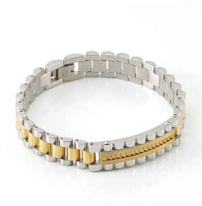 Detail of two-tone stainless steel watch-link bracelet with silver and gold finish