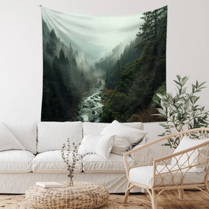 Deep forest river landscape tapestry hung above a white minimalist sofa in a cozy room