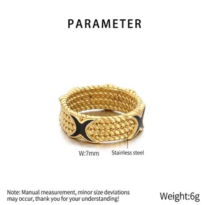 Detailed 7mm gold stainless steel ring featuring black X-embossed patterns and woven texture